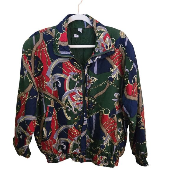 Fuda International Vintage 90s 100% Silk Unique Pattern Bomber Jacket Size L - Picture 1 of 8